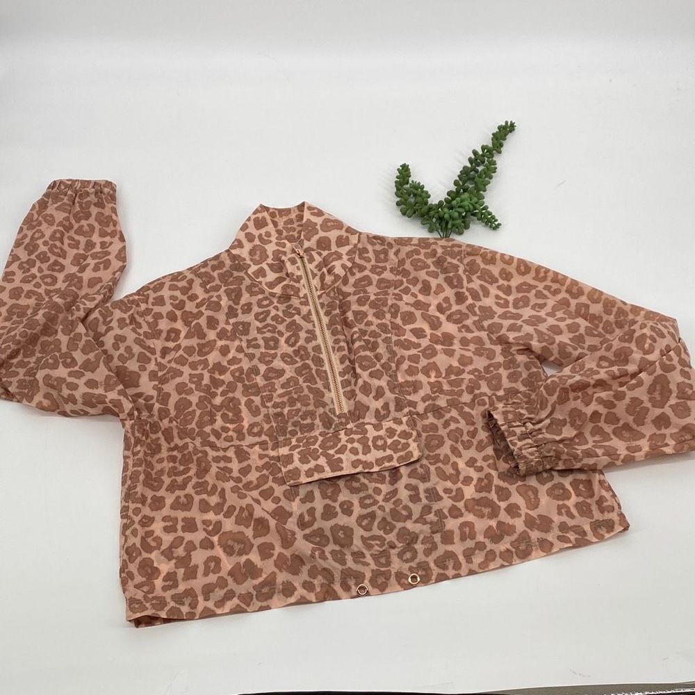 GOOD AMERICAN DESERT LEOPARD LIGHTWEIGHT QUARTER ZIP SHEER PULLOVER JACKET SMALL